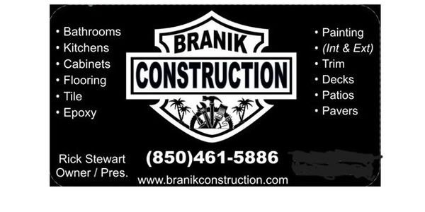 Branik Construction business card listing services and contact info.