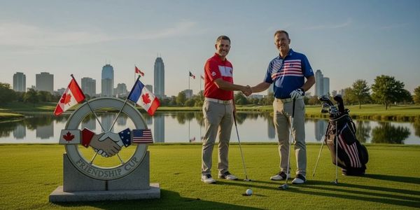 Two golfers shake hands on a green with a Friendship Cup monument featuring Canadian and American flags.