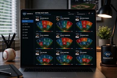 A laptop screen showing baseball player hitting heat maps in a modern workspace.