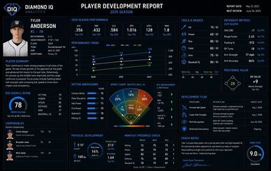 Baseball player Tyler Anderson's 2023 performance report with stats and development plan.