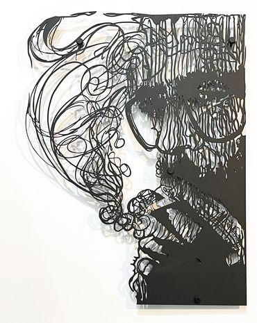 Calligraphic metal relief sculpture by Khalil Chishtee depicting a close-up of a man smoking.