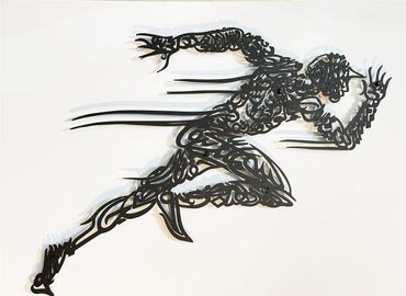 Calligraphic laser-cut metal relief sculpture depicting a male figure in running position.