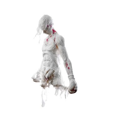 Sculpture of humanoid torso midair made from white trash bags, wearing boxing gloves with head bowed