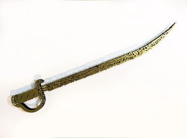 Calligraphic laser-cut metal relief sculpture of a sword by Khalil Chishtee.
