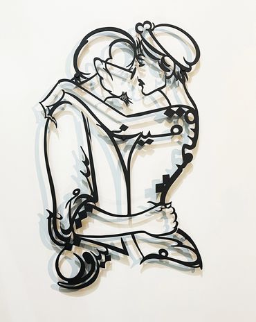 Calligraphic metal relief sculpture by Khalil Chishtee depicting a woman and man holding each other