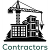Black and white logo of building under construction with crane and text 'Contractors'.