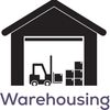 Icon of a warehouse with a forklift and stacked boxes.
