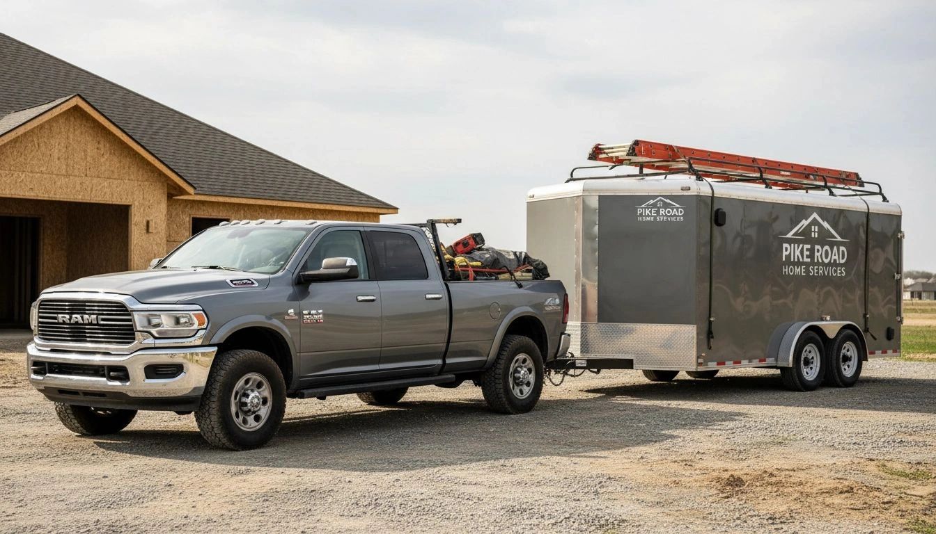 Gray RAM truck towing a Pike Road Home Services trailer near a house under construction.