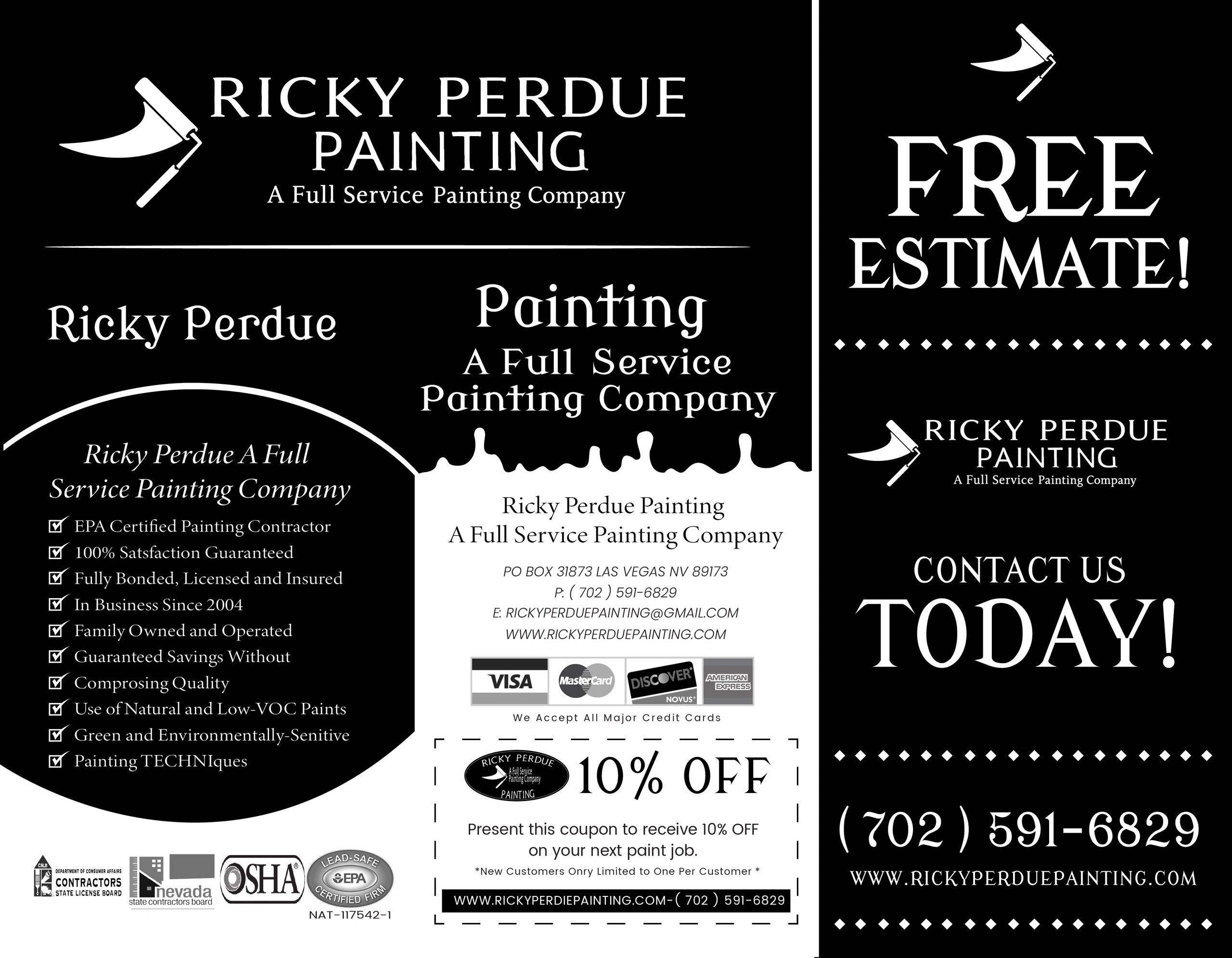 Ricky Perdue Painting offers full-service painting with free estimates and a 10% discount coupon.