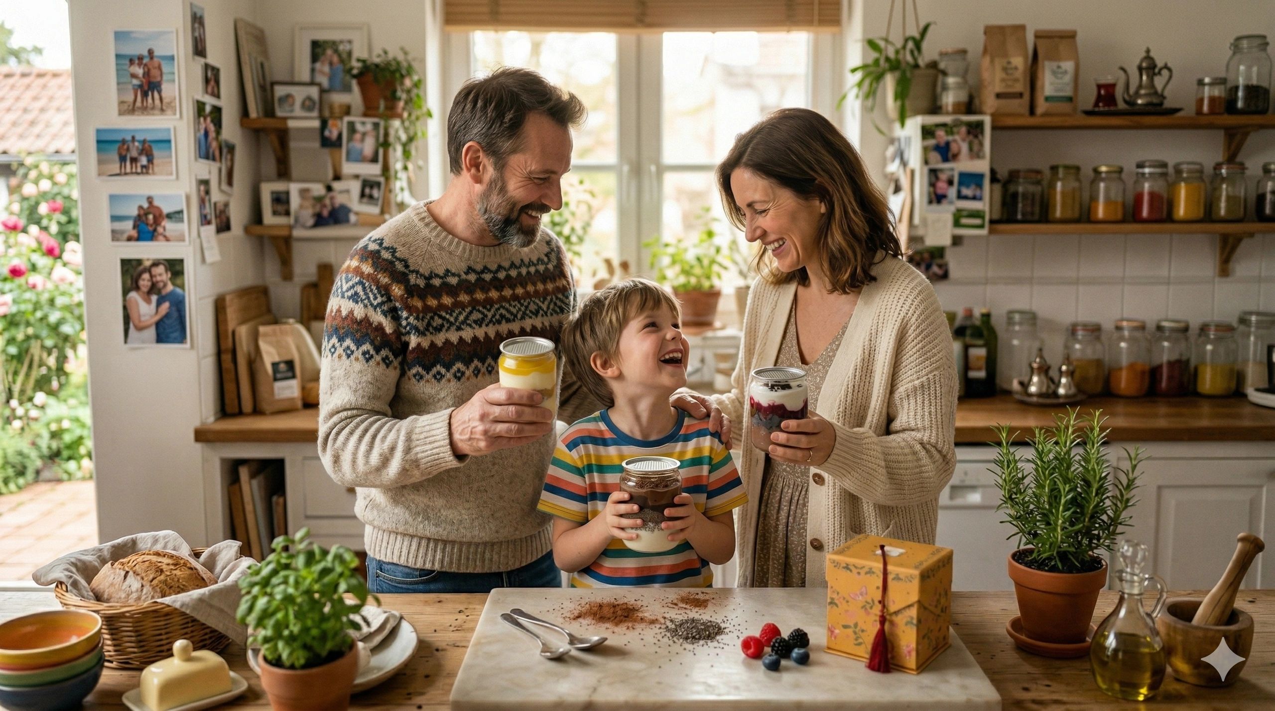 A family holding can cakes.