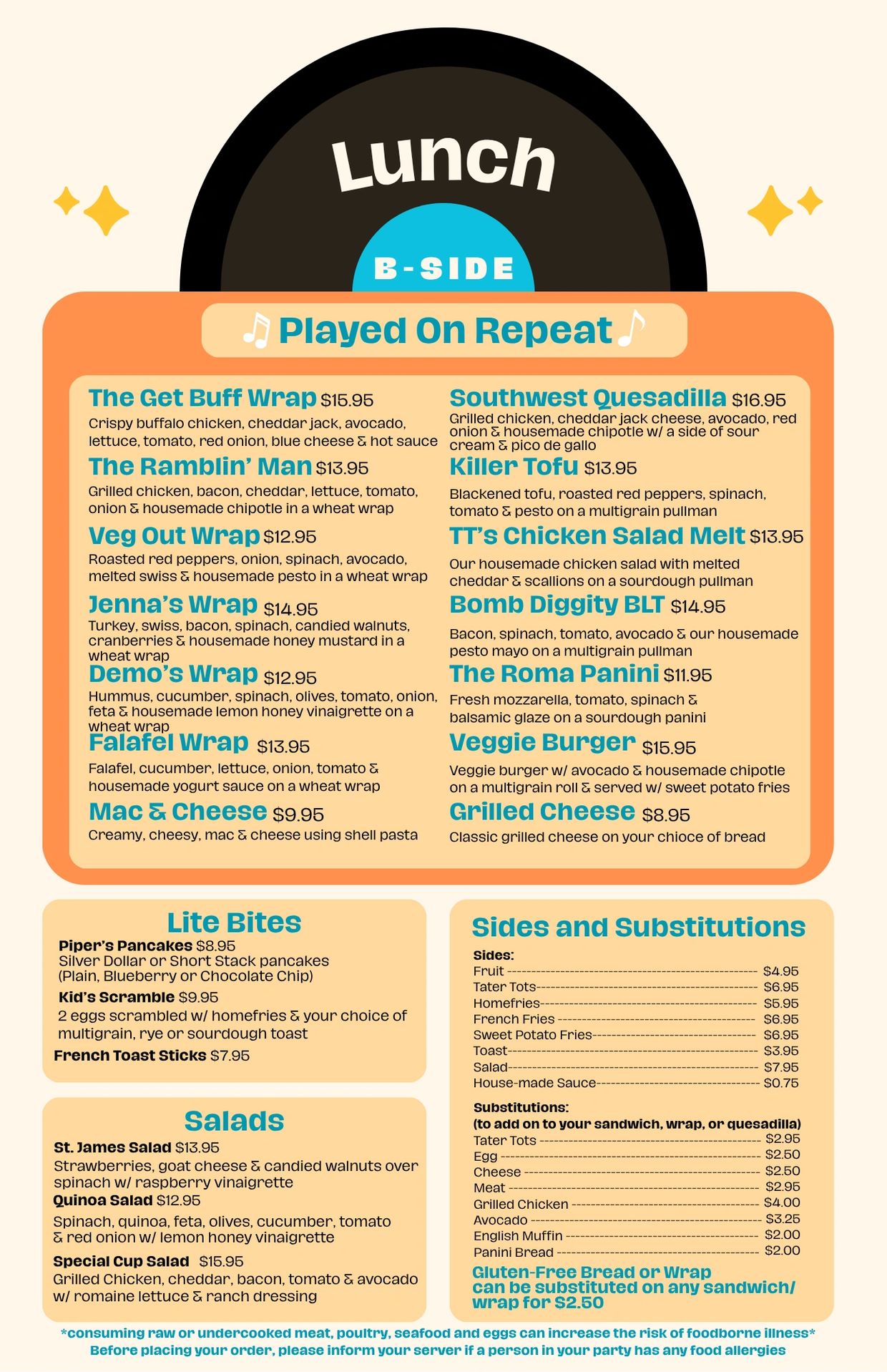Lunch menu featuring wraps, burgers, salads, and sides with prices.