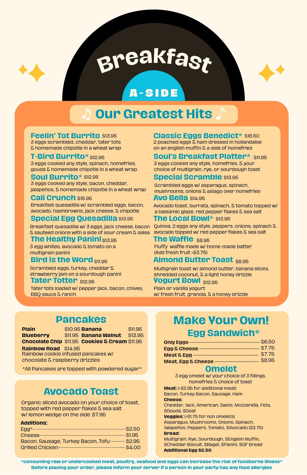 Breakfast menu featuring burritos, eggs, pancakes, avocado toast, and customizable sandwiches.