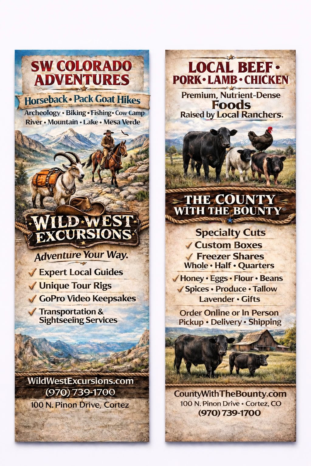 Two rustic flyers promoting Southwest Colorado adventures and local farm-raised foods.