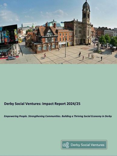 Derby Social Ventures Impact Report 2024/25 cover with cityscape background.