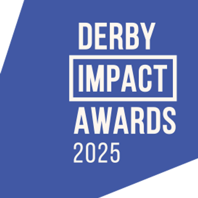 Logo for the Derby Impact Awards 2025 in blue and white.