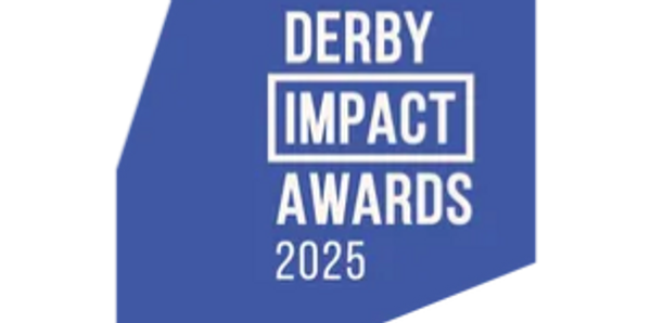 Logo for Derby Impact Awards 2025 in blue and white.