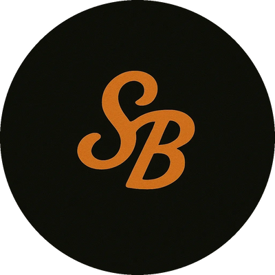 Stylized orange letters 'SB' on a black circular background.
