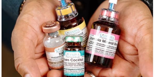 Hands holding various Olympia Pharmaceuticals medication bottles.