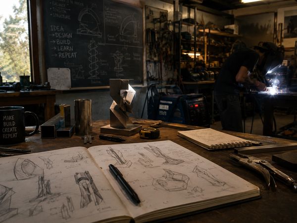 Workshop workspace with sketches, tools, and metalwork in progress.