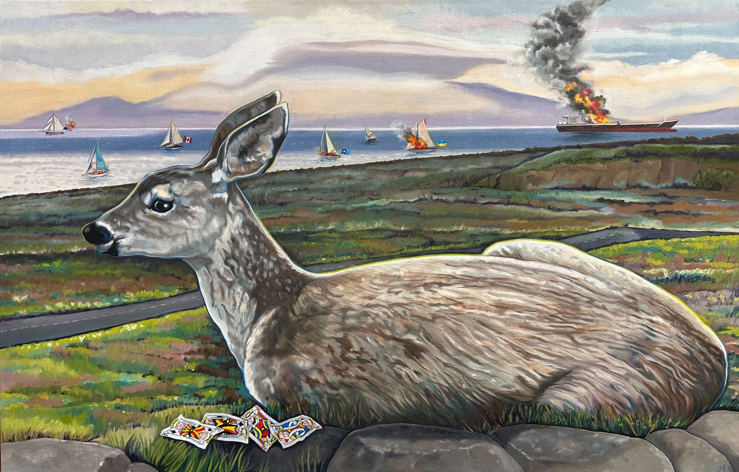 A deer watches burning ships with scattered playing cards nearby.