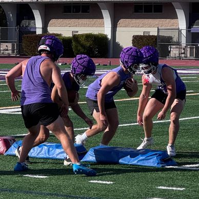 Four young athletes in purple helmets practice football drills on a field.
