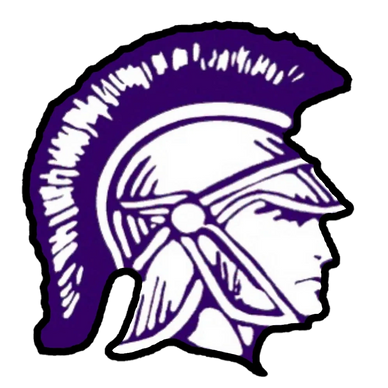 Purple and white Trojan helmet logo on black background.