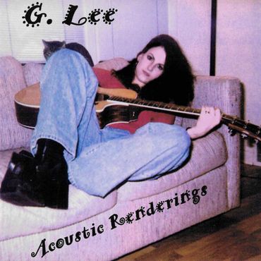 Woman with guitar lounging on a couch, text reads 'G. Lee Acoustic Renderings'.