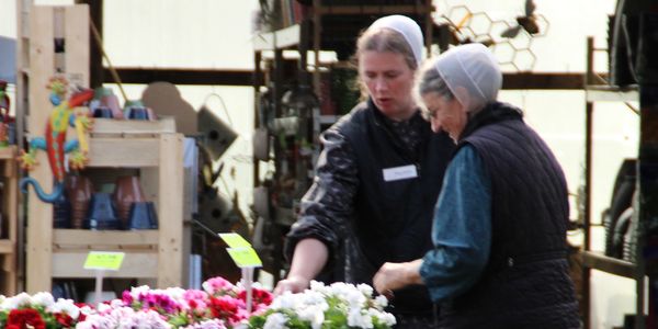 Two women in head coverings examining flowers at a market.