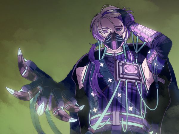 Futuristic masked character with cybernetic claws and glowing tubes.