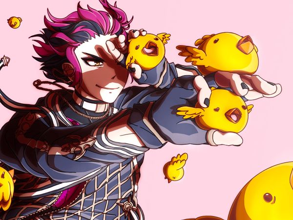 Anime character with purple hair holding small yellow birds against a pink background.