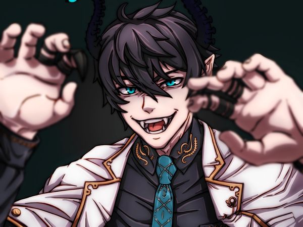 Anime-style vampire character with sharp fangs and glowing blue eyes.