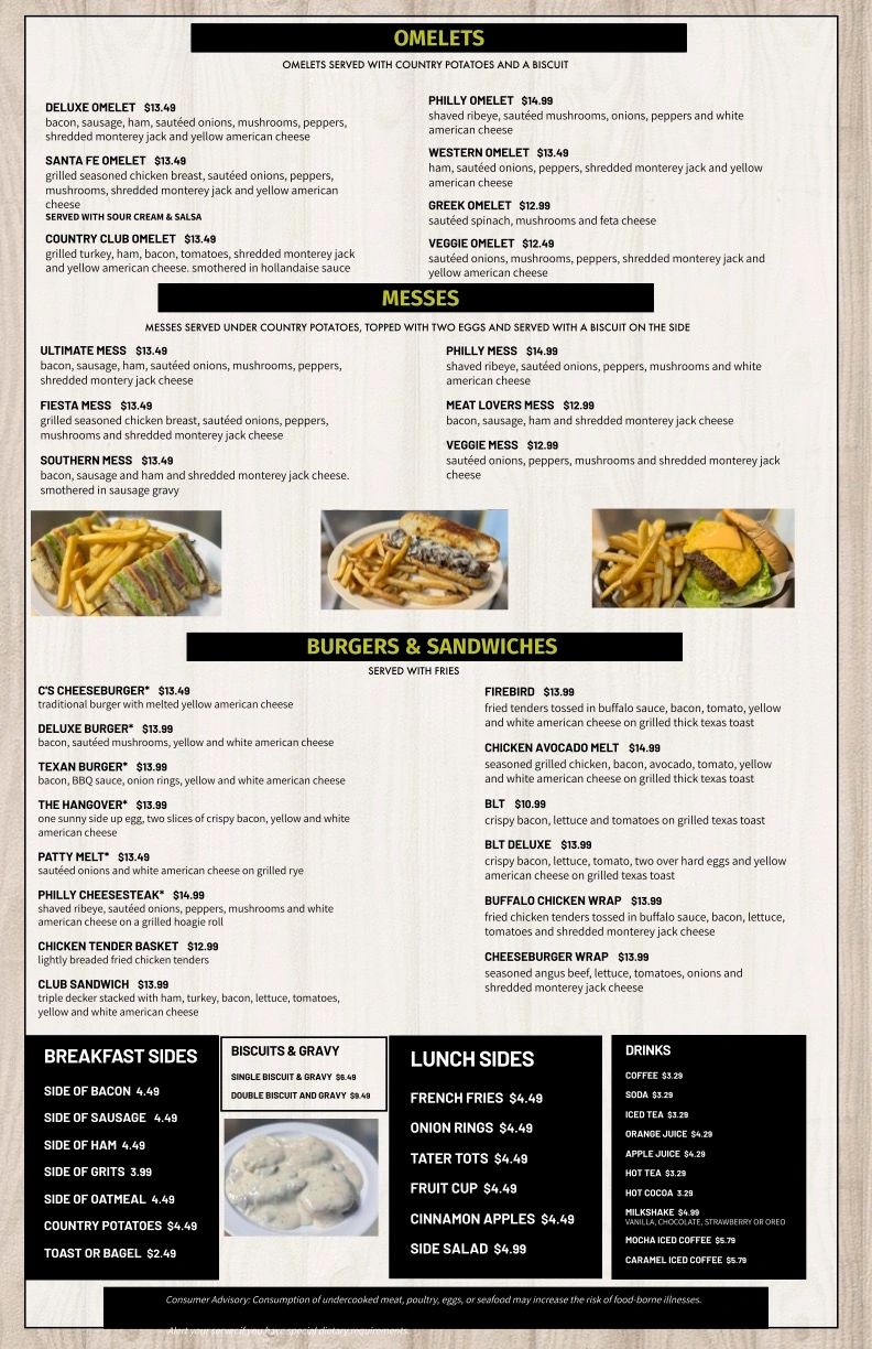 Diner menu featuring omelets, messes, burgers, sandwiches, breakfast and lunch sides, and drinks.