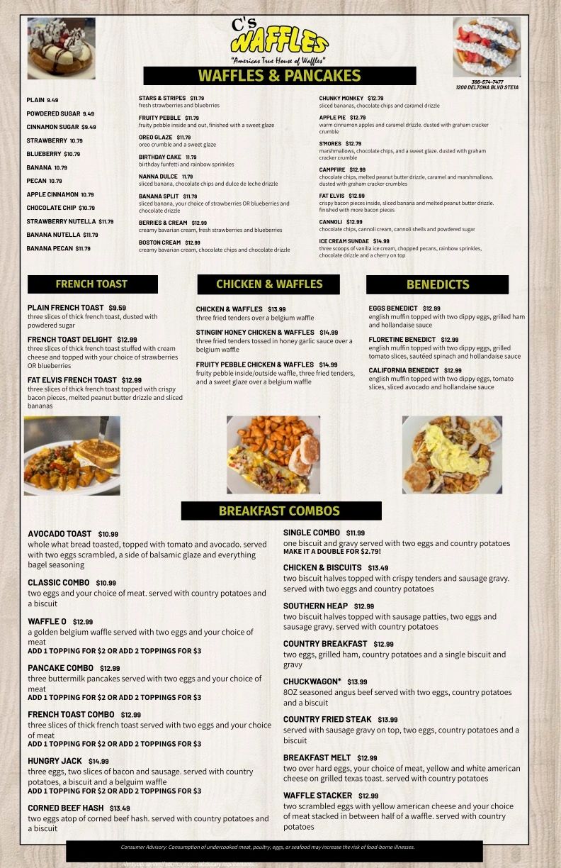 Menu featuring waffles, pancakes, French toast, chicken &amp; waffles, benedicts, and breakfast combos.