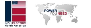 Logo of Indu Electric North America with a world map and slogan about power.