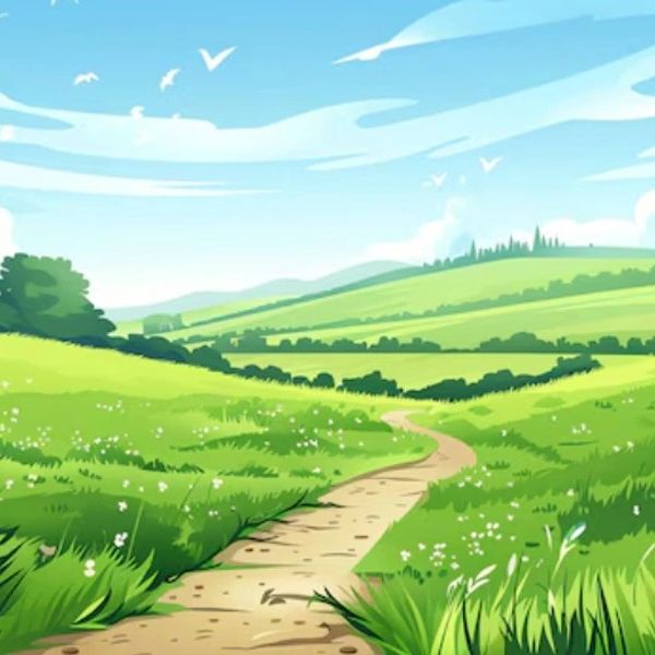 Scenic countryside path under a blue sky.