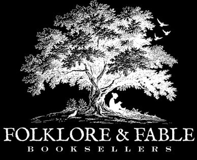 Black and white logo with a tree and reading figures, titled Folklore &amp; Fable Booksellers.