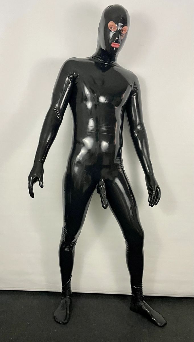 Latex Rubber Men's Catsuit Full Coverage with Condom, Hood, Gloves, Feet  0.4 Thickness