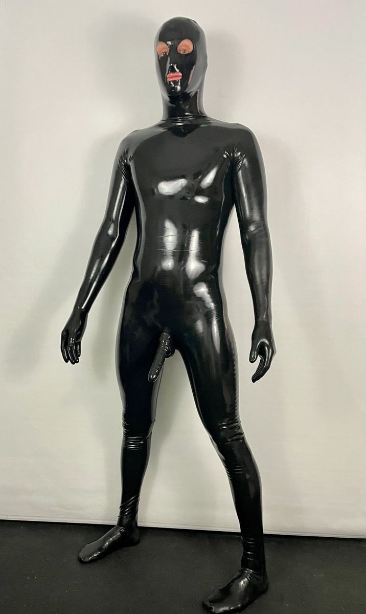 Latex Rubber Men's Catsuit Full Coverage with Condom, Hood, Gloves, Feet  0.4 Thickness