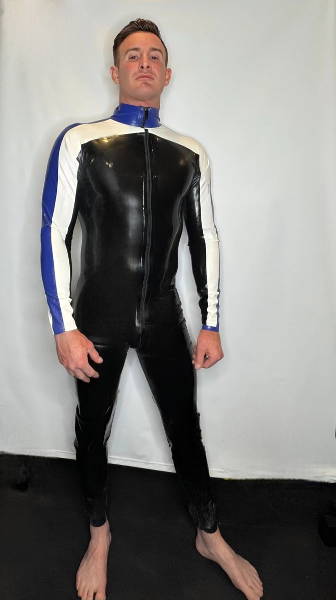 Rubber Latex Catsuit Front Zip 0,4 mil schwarz/blau/weiß - Bild 3 von 6