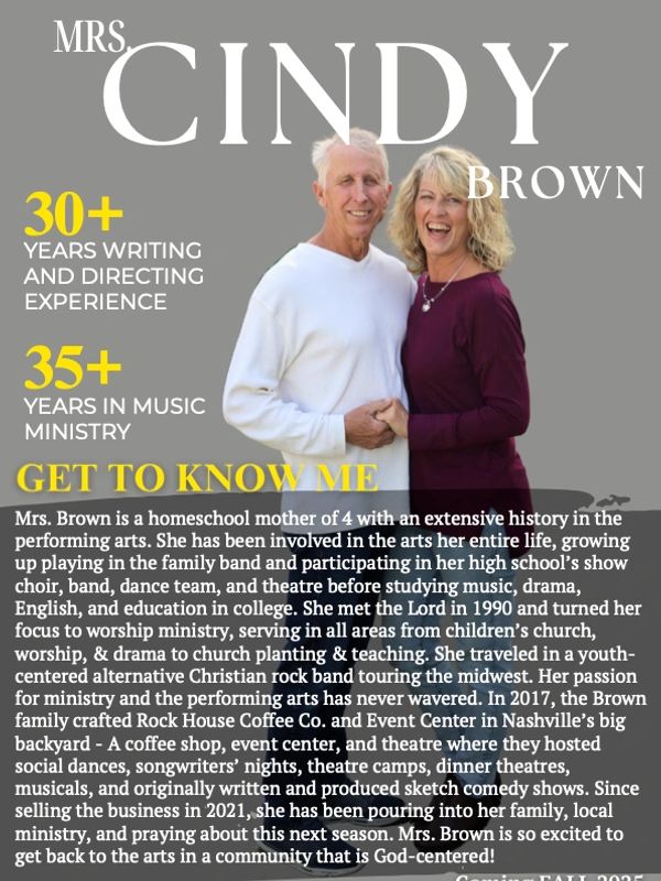 Mrs. Cindy Brown, experienced homeschool mother and arts minister with 30+ years in writing and 35+ years in music ministry.