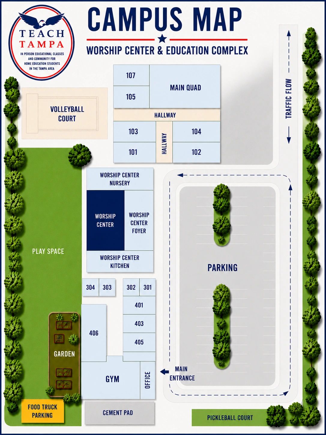 Campus map of Teach Tampa worship center and education complex.