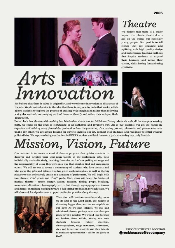 A theatrical arts program brochure highlighting mission, vision, and student engagement.