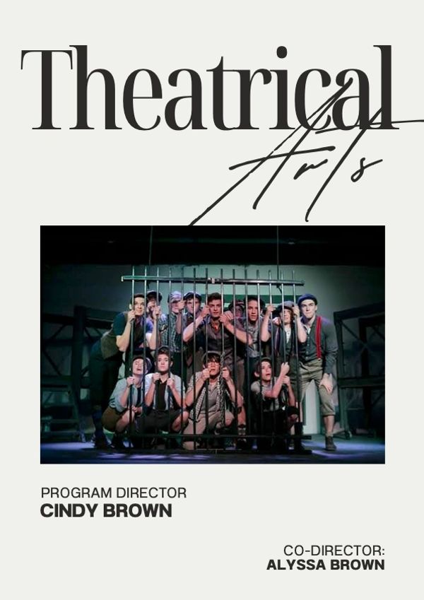 Theatrical arts group posing behind metal bars on stage.