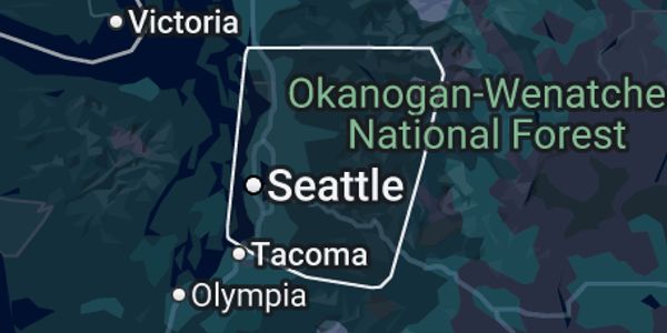 Map highlighting Seattle, Tacoma, Olympia, and Okanogan-Wenatchee National Forest.