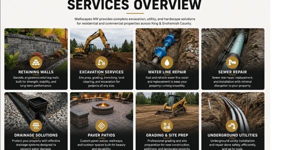 Overview of excavation, retaining walls, water and sewer repair, drainage, patios, grading, and utilities services.