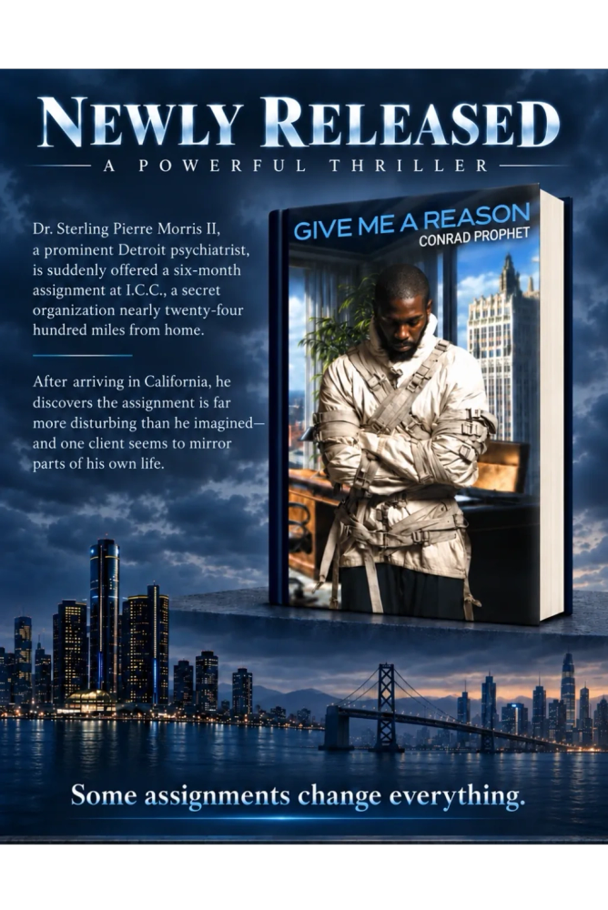 Business man in a corner office in straight jacket hover Detroit to California landscape at dawn.