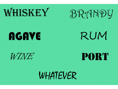Stylized words representing alcoholic beverages on green background