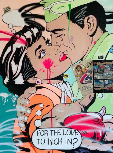 Pop art style couple in embrace with comic speech bubble and graffiti splashes.