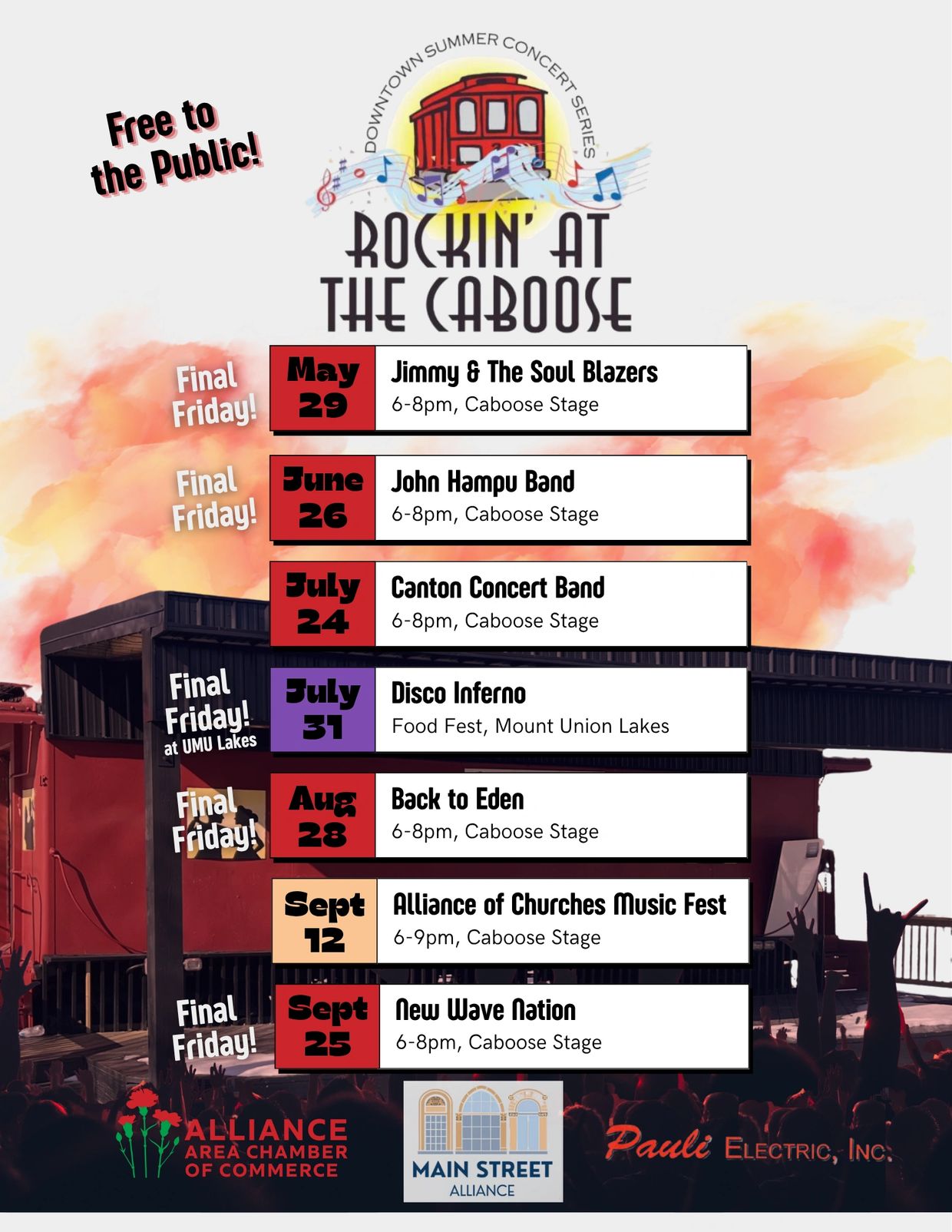 Free public summer concerts at the caboose with various bands from May to September.