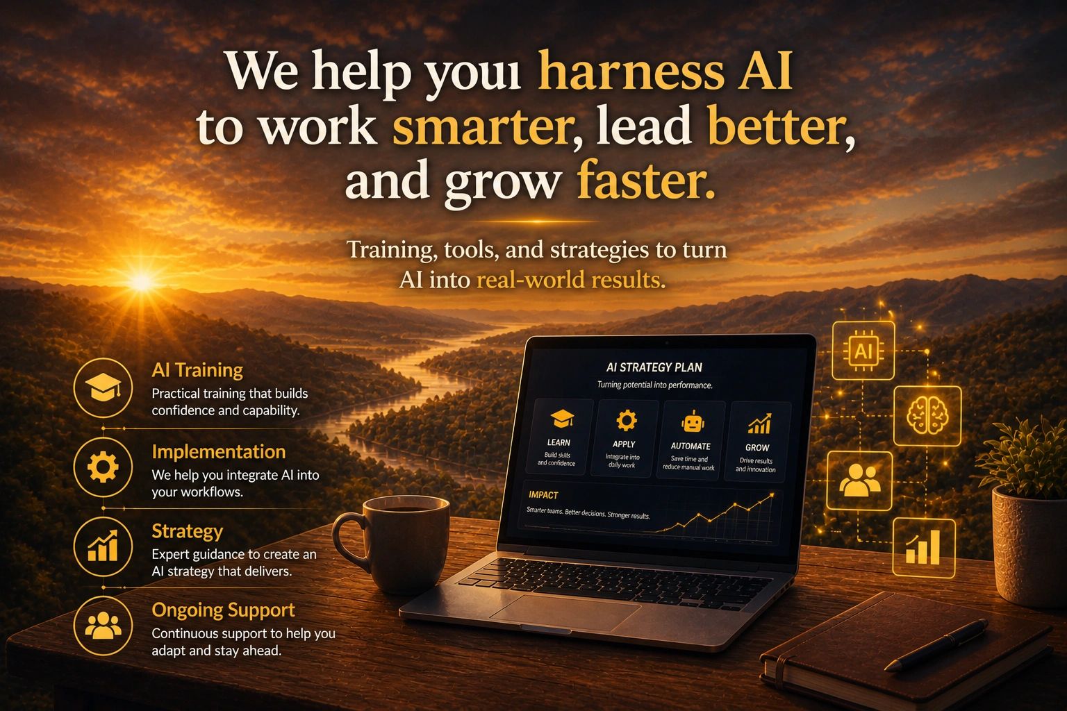 A sunset scene with a laptop showing AI strategy, highlighting AI training, implementation, strategy, and support.